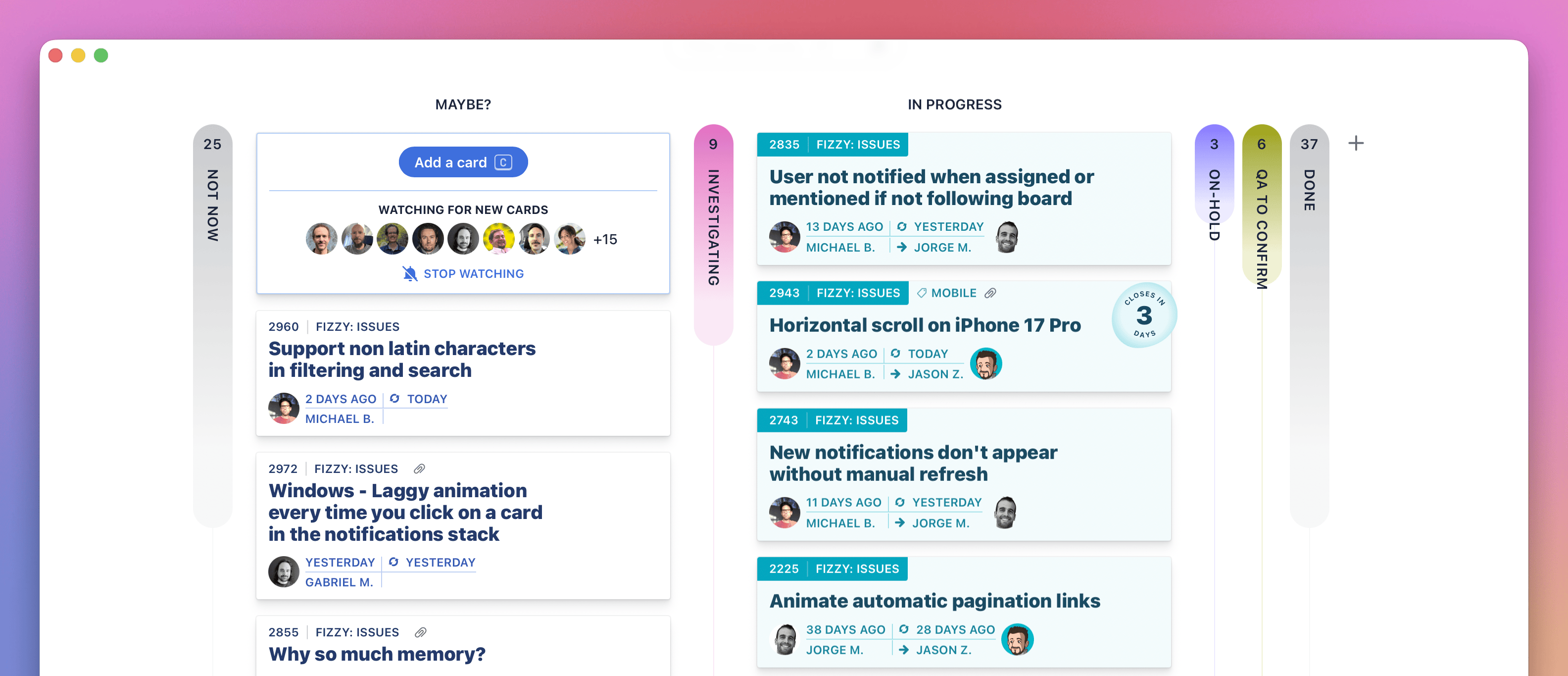 Screengrab of the Fizzy interface, which includes columns and cards that can be moved. 